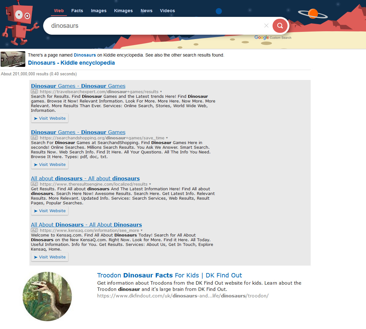 Kiddle.co search for "dinosaurs" showing a full page of ads before the first valid result
