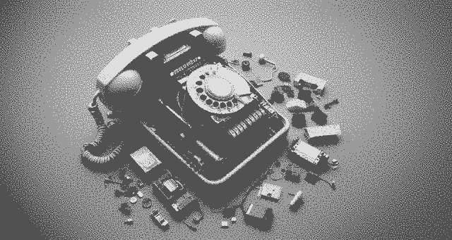 A disassembled beige rotary telephone